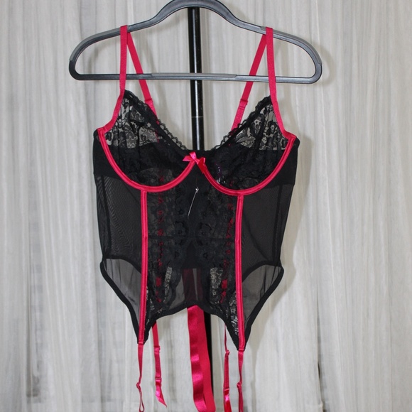 Adore Me. Black & Hot Pink Lace Bustier Corset with Garters.  Various Sizes - Picture 1 of 8